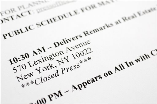 In this Friday, May 23, 2014 studio photo, a detail of a press release for New York Mayor Bill de Blasio's schedule is shown. The public schedule for Feb. 19. 2014 says that his remarks at a meeting of the Real Estate Board of New York are "Closed Press." In de Blasio's first four-and-a-half months in office, members of the media have been barred from 50 events and access has been limited to nearly 30 more, according to a review of the mayor’s public schedule done by The Associated Press. (AP Photo/Mark Lennihan)