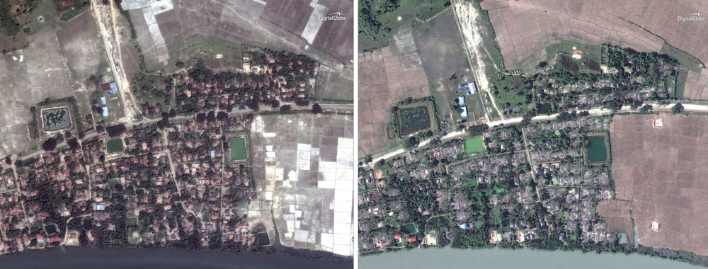 Satellite images of the village of Gu Dar Pyin, Myanmar before and after destruction