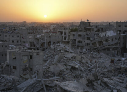 Destruction left by the Israeli air and ground offensive is seen in Khan Younis, Gaza Strip, Friday, Sept. 13, 2024. (AP Photo/Abdel Kareem Hana)