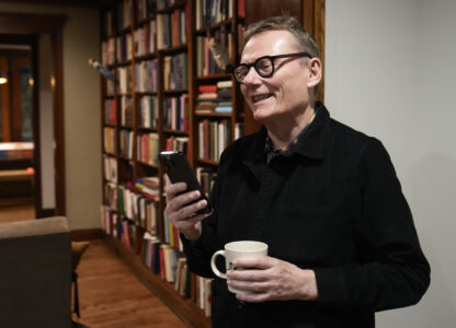 Nobel prize winner in Economics, James A. Robinson, gives an interview to the Associated Press from his home in the Hyde Park neighborhood of Chicago, Monday, Oct. 14, 2024. (AP Photo/Charles Rex Arbogast)