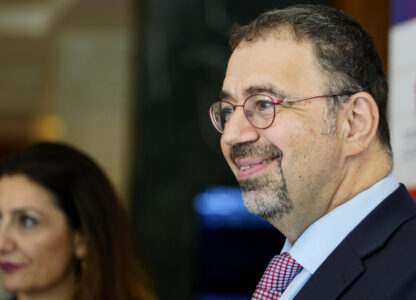 Economist Daron Acemoglu, 2024 Nobel prize winner in Economics, speaks to the media during a conference in Athens , Greece, Monday, Oct. 14, 2024. (AP Photo/Petros Giannakouris)