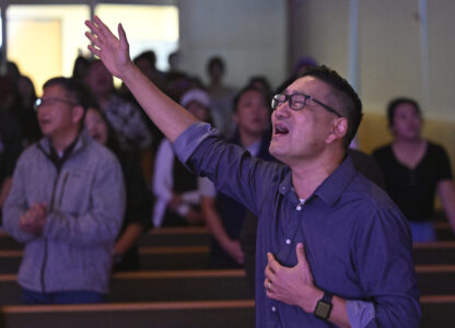 Pastor Owen Lee sings during a service at the Christ Central Presbyterian Church, Sunday, Oct. 13, 2024 in Centreville. (AP Photo/John McDonnell)