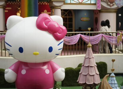 A Hello Kitty figure welcomes visitors at Sanrio Puroland during her 50th birth anniversary celebrations in Tama, a western suburb of Tokyo, Japan, Friday, Nov. 1, 2024. (AP Photo/Hiro Komae)