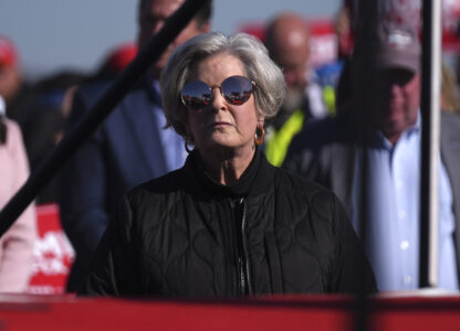 Susie Wiles watches as Republican presidential nominee former President Donald Trump speaks at a campaign rally in Lititz, Pa., Sunday, Nov. 3, 2024. (AP Photo/Evan Vucci)