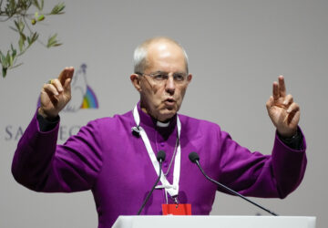 FILE - Archbishop of Canterbury Justin Welby delivers his speech at a interreligious meeting, in Rome on Oct. 6, 2021. (AP Photo/Gregorio Borgia, File)