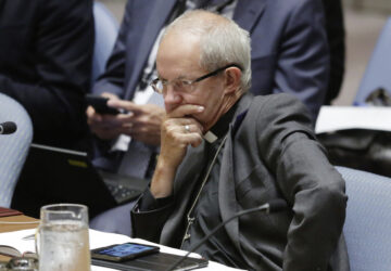 FILE - Archbishop of Canterbury Justin Welby listens to speakers in the United Nations Security Council, Wednesday, Aug. 29, 2018. (AP Photo/Richard Drew File)