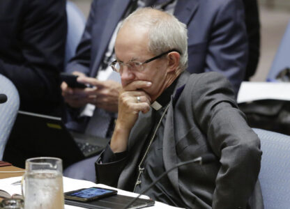 FILE - Archbishop of Canterbury Justin Welby listens to speakers in the United Nations Security Council, Wednesday, Aug. 29, 2018. (AP Photo/Richard Drew File)