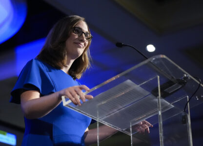 Sarah McBride, Democratic candidate for Delaware's at-large congressional district, speaks during an election night watch party Tuesday, Nov. 5, 2024, in Wilmington, Del. (AP Photo/Pamela Smith)
