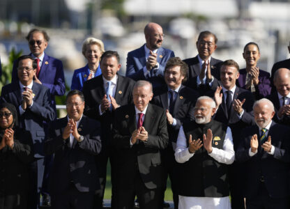 Leaders attending the G20 Summit pose for a group photo in Rio de Janeiro, Monday, Nov. 18, 2024. (AP Photo/Eraldo Peres)