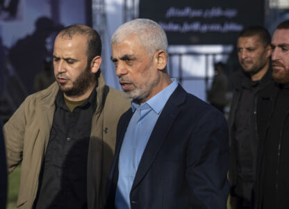 FILE - Yehiyeh Sinwar, head of Hamas in Gaza, attends a rally marking 