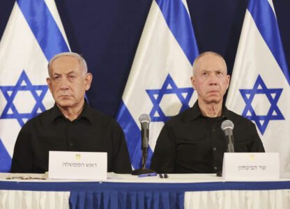 FILE - Israeli Prime Minister Benjamin Netanyahu, left, and Defense Minister Yoav Gallant attend a press conference in the Kirya military base in Tel Aviv, Israel, Saturday, Oct. 28, 2023. (Abir Sultan/Pool Photo via AP, File)