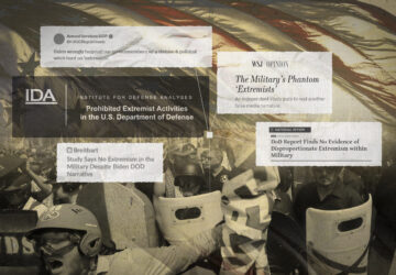 A photo illustration highlighting a Pentagon-funded study that used old data to conclude incorrectly that extremism is not a problem in the military.