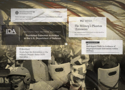 A photo illustration highlighting a Pentagon-funded study that used old data to conclude incorrectly that extremism is not a problem in the military.