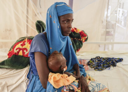 Halima Habdullha holds her 7-month-old severely malnourished daughter Kaltum Abakar in an MSF-run clinic in the Aboutengue displacement site near Acre, Chad, Friday, Oct 4. 2024. (AP Photo/Sam Mednick)