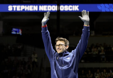 FILE - Stephen Nedoroscik is introduced at the United States Gymnastics Olympic Trials on Saturday, June 29, 2024, in Minneapolis. (AP Photo/Charlie Riedel, File)