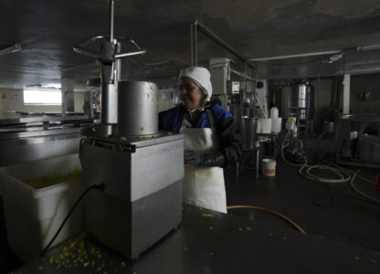 A worker wipes equipment at an artisanal popsicle factory in Salcedo, Ecuador, Thursday, Nov. 28, 2024, amid a wave of power outages, triggered by a prolonged dry spell. (AP Photo/Dolores Ochoa)