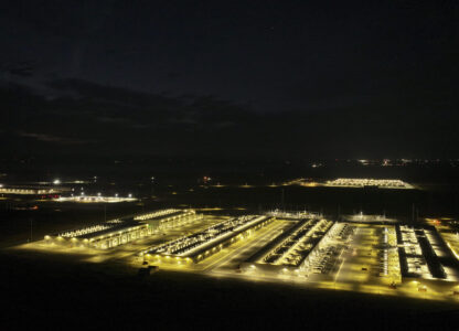 Amazon Web Services data center is seen at night on Thursday, Aug. 22, 2024, in Boardman, Ore. (AP Photo/Jenny Kane)