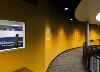 Torrie Griggs, Boardman Chamber of Commerce CEO, gives a tour of the AWS Think Big Space at the Sage Center on Friday, Aug. 23, 2024, in Boardman, Ore. (AP Photo/Jenny Kane)
