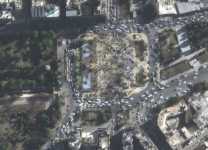 This satellite image provided by Maxar Technologies shows crowds gathering at Saadallah al-Jabiri Square in Aleppo, Syria, Sunday, Dec. 8, 2024. (Maxar Technologies via AP)