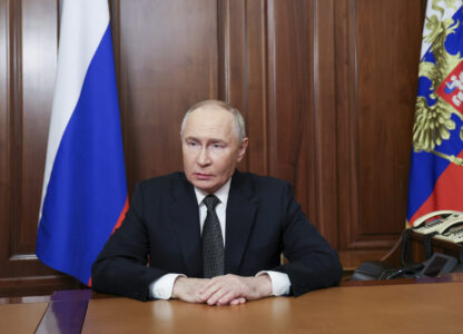 FILE - Russian President Vladimir Putin addressees the nation from the Kremlin in Moscow, Russia, on Nov. 21, 2024, about the use of a new hypersonic missile in Ukraine. (Vyacheslav Prokofyev, Sputnik, Kremlin Pool Photo via AP, File)
