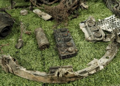 FILE - Fragments of what authorities in Kyiv described as a Russian hypersonic missile that struck a factory in Dnipro, Ukraine, on Nov. 21, 2024, are seen at a center for forensic analysis in an undisclosed location in Ukraine, on Nov. 24. (AP Photo/Evgeniy Maloletka, File)