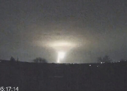 FILE - This image made from a video provided by the Come Back Alive Foundation shows lights in the sky during a Russian missile attack on a factory in the city of Dnipro, Ukraine, on Nov. 21, 2024. (Ukrainian Emergency Service via AP, File)