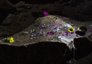 Burnt candles and flowers lie atop a stone as part of an offering to the Santa Maria cenote, after a Mayan ceremony in Homun, Mexico, Monday, March 4, 2024. (AP Photo/Rodrigo Abd)