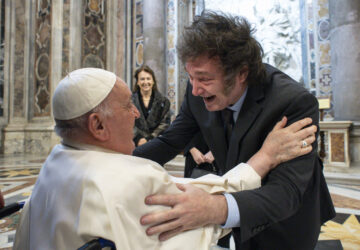 FILE - Argentine President Javier Milei greets Pope Francis prior to the start of the canonization Mass of Argentine first female saint, María Antonia de Paz y Figueroa also known as 