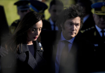 FILE - Argentine President Javier Milei and Vice President Victoria Villarruel attend a police ceremony honoring fallen officers, in Buenos Aires, Argentina, July 2, 2024. (AP Photo/Natacha Pisarenko, File)