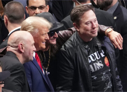 FILE - President-elect Donald Trump poses for a photo with Dana White, Kid Rock and Elon Musk at UFC 309 at Madison Square Garden, Nov. 16, 2024, in New York. (AP Photo/Evan Vucci, File)