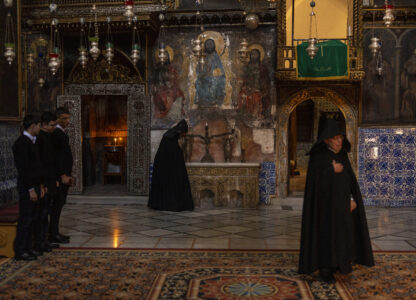 Armenian Christian clergy and young seminars attend the daily afternoon prayer service at the St. James Cathedral at the Armenian quarter in Jerusalem, Thursday, Nov. 21, 2024. (AP Photo/Francisco Seco)