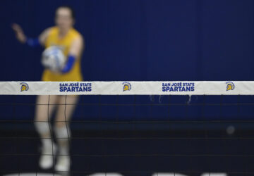 The San Jose State Spartans logo is seen on the net during the third set of an NCAA college volleyball match against the Air Force Falcons, Thursday, Oct. 31, 2024, in San Jose, Calif. (AP Photo/Eakin Howard)