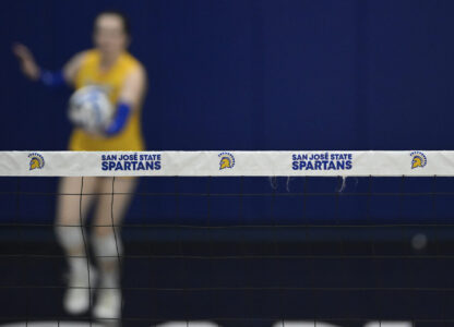 The San Jose State Spartans logo is seen on the net during the third set of an NCAA college volleyball match against the Air Force Falcons, Thursday, Oct. 31, 2024, in San Jose, Calif. (AP Photo/Eakin Howard)