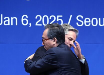U.S. Secretary of State Antony Blinken, back, and South Korean Foreign Minister Cho Tae-yul, front, embrace each other after a joint press conference following their meeting at the Foreign Ministry in Seoul, South Korea, Monday, Jan. 6, 2025. (AP Photo/Lee Jin-man, Pool)