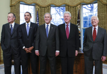 FILE — From left, former President George H.W. Bush, President-elect Barack Obama, President George W. Bush, former President Bill Clinton and former President Jimmy Carter meet in the Oval Office at the White House in Washington, on Jan. 7, 2009. (AP Photo/J. Scott Applewhite, File)