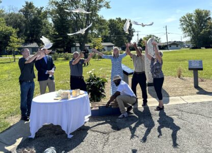White doves are released on Aug. 29, 2024, in Westfield, Indiana, during the dedication of a memorial to the nine known victims of suspected serial killer Herbert Baumeister. (AP Photo/Rick Callahan)