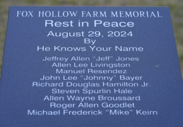 The name of Allen Livingston is seen on a memorial, Thursday, Dec. 26, 2024, in Westfield, Ind. (AP Photo/Darron Cummings)