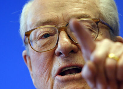 FILE - Far right National Front party leader Jean- Marie Le Pen gives a press conference in Nanterre, outside Paris, Monday, March 15, 2010. (AP Photo/Christophe Ena, File)