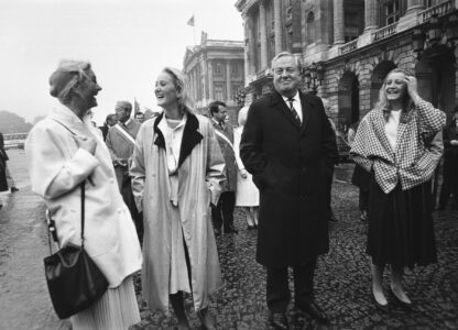 FILE - Leader of the French National Front, Jean Marie Le Pen, second from right, leads a march to the statue of Joan of Arc with his three daughters Marie Caroline, Yann and Marine Le Pen, on May 12, 1985. (AP Photo/Herve Merliac, File)