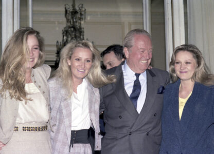 FILE - President of the French National Front Jean Marie Le Pen with his daughters, left to right, Marine, Yann and Marie Caroline on April 24, 1988,. (AP Photo/Olivier Boitet, File)