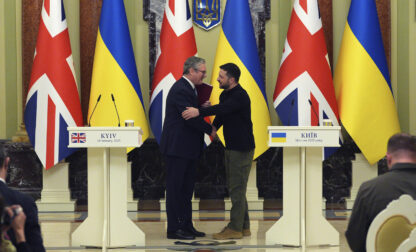British Prime Minister Keir Starmer, left and Ukrainian President Volodymyr Zelenskyy shake hands, at the start of their bilateral talks at Mariinskyi Palace, in Kyiv, Ukraine Thursday, Jan. 16, 2025. (Carl Court/Pool Photo via AP)