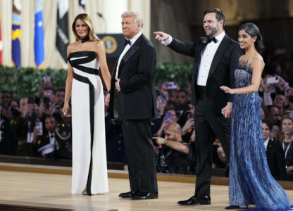 From left, first lady Melania Trump, President Donald Trump, Vice President JD Vance and second lady Usha Vance attend the Commander in Chief Ball, part of the 60th Presidential Inauguration, Monday, Jan. 20, 2025, in Washington. (AP Photo/Ben Curtis)