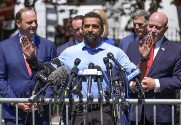 FILE - Kash Patel speaks to reporters in a park across the street from former President Donald Trump's criminal trial in New York, May 20, 2024. (AP Photo/Seth Wenig, File)
