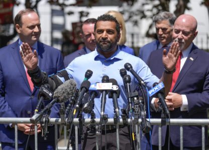 FILE - Kash Patel speaks to reporters in a park across the street from former President Donald Trump's criminal trial in New York, May 20, 2024. (AP Photo/Seth Wenig, File)