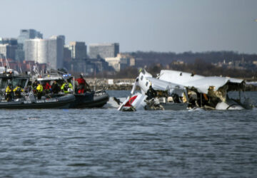 In this image provided by the U.S. Coast Guard, wreckage is seen in the Potomac River near Ronald Reagan Washington National Airport, Thursday, Jan. 30, 2025 in Washington. (Petty Officer 2nd Class Taylor Bacon, U.S. Coast Guard via AP)