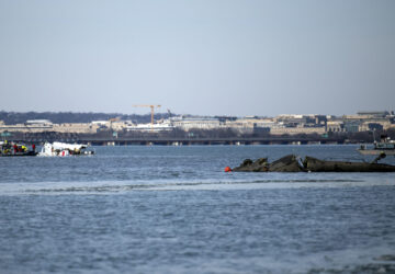 In this image provided by the U.S. Coast Guard, wreckage is seen in the Potomac River near Ronald Reagan Washington National Airport, Thursday, Jan. 30, 2025 in Washington. (Petty Officer 2nd Class Taylor Bacon, U.S. Coast Guard via AP)