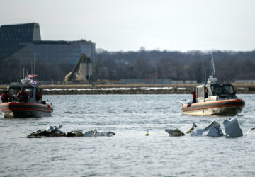 In this image provided by the U.S. Coast Guard, wreckage is seen in the Potomac River near Ronald Reagan Washington National Airport, Thursday, Jan. 30, 2025 in Washington. (Petty Officer 2nd Class Taylor Bacon, U.S. Coast Guard via AP)