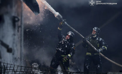 FILE - In this image provided by the Ukrainian Emergency Service, firefighters put out a fire following a Russian missile attack on the country's energy system in Dnipropetrovsk region, Ukraine, Dec. 25, 2024. (Ukrainian Emergency Service via AP, File)