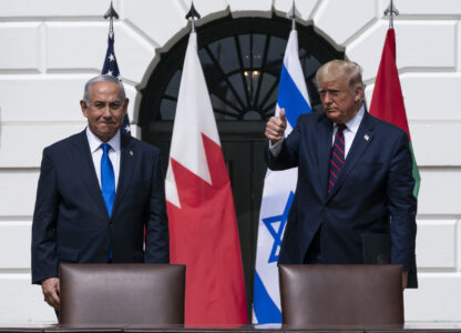 FILE- Israeli Prime Minister Benjamin Netanyahu, left, and President Donald Trump stand as they prepare to depart after the Abraham Accords signing ceremony on the South Lawn of the White House, Sept. 15, 2020, in Washington. (AP Photo/Alex Brandon, File)