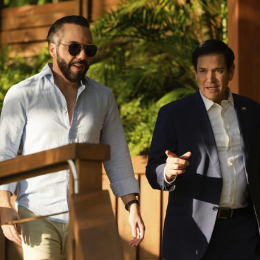 U.S. Secretary of State Marco Rubio meets with President Nayib Bukele at his residence at Lake Coatepeque in El Salvador, Monday, Feb. 3, 2025. (AP Photo/Mark Schiefelbein, Pool)